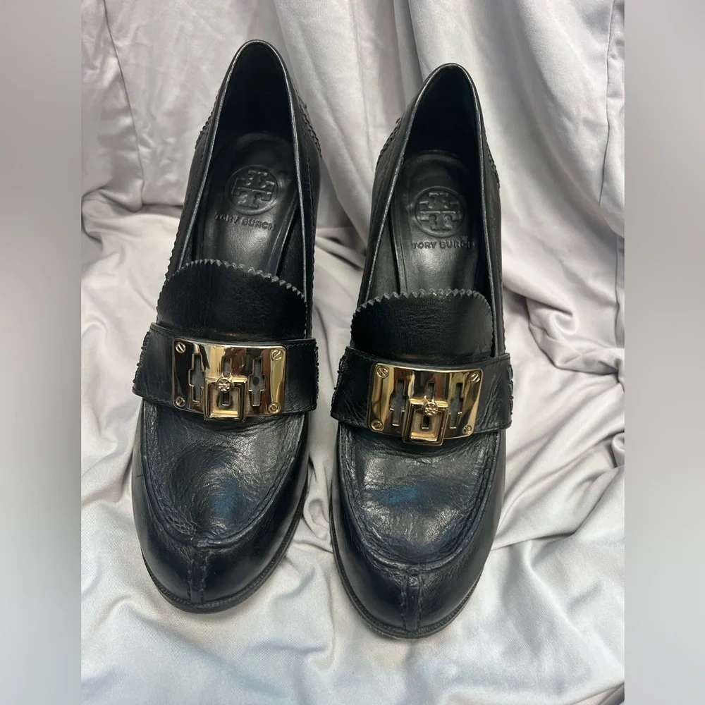 Tory Burch Black Leather Block Heel Loafers with Gold Accent